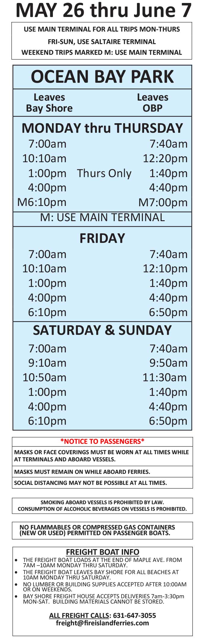 Ocean Bay Park Schedule